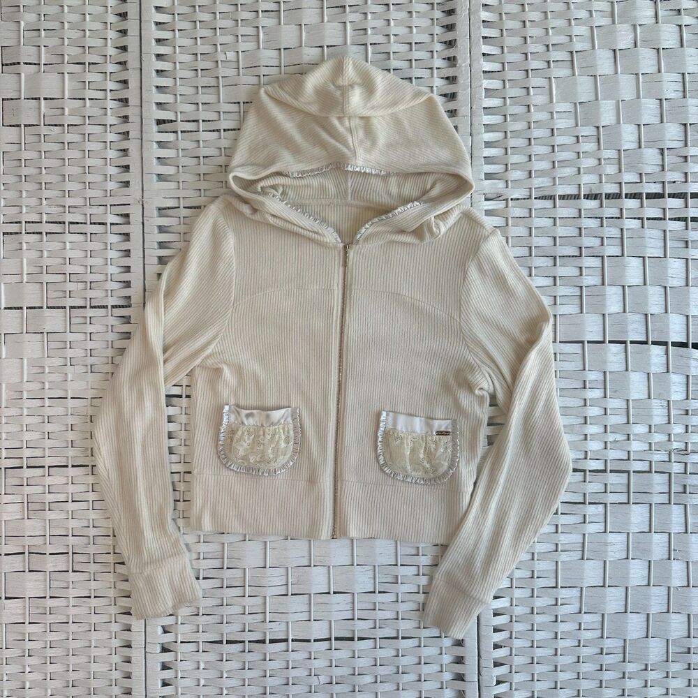 Beach Bunny Women's Cream Lightweight Zip Up Hoodie Medium Cottagecore Fairy